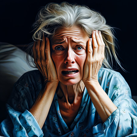 In the Quiet, Feelings Resound - Silent Desperation of an Elderly Woman with silver hair in a dimly lit room.の素材