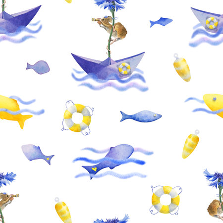 Seamless hand drawn playful marine sea watercolor pattern with colorful cute characters on white background. Perfect for design templates, wallpaper, wrapping, fabric, textile and kids decorationの写真素材