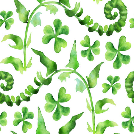 Seamless pattern of forest plants and botanical greenery: fern leaves and clover. Hand drawn watercolors on white background. Biophilic style, ideal for ecological and spiritual designs and printsの写真素材