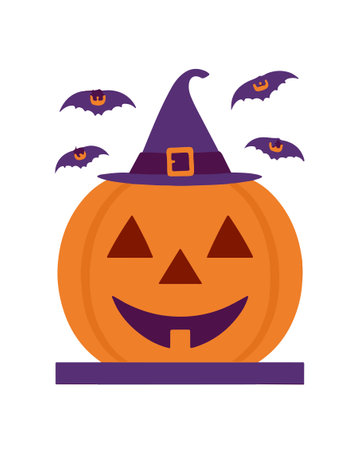 Halloween pumpkin with witch hat and bats flat style icon design, Holiday and scary theme Vector illustrationのイラスト素材