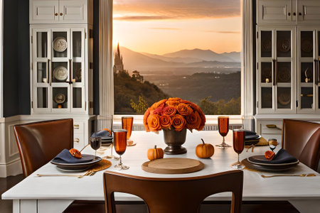 Table set for Thanksgiving dinner in dining room with view on the mountainsの素材