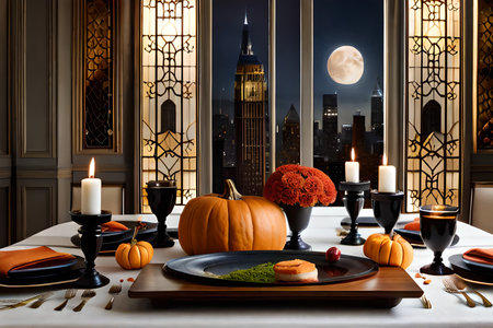 Halloween table setting with pumpkins and food. 3d renderingの素材