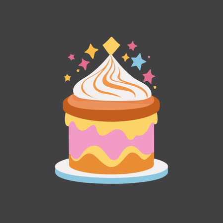 Birthday cake icon in flat color style. Cakes and starsのイラスト素材