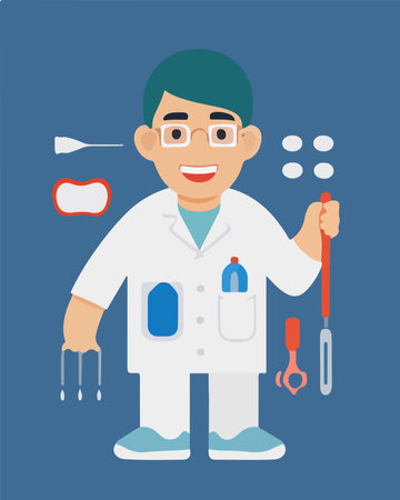 Vector illustration of a smiling male doctor in white coat with tools.のイラスト素材
