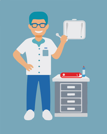 Man in the office. Vector illustration in flat style. Man at work.のイラスト素材