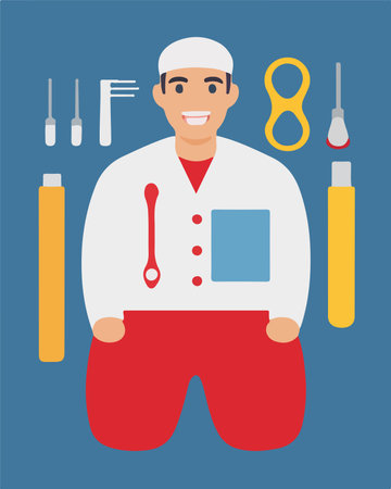 Flat design illustration of a man in a white coat with toolsのイラスト素材