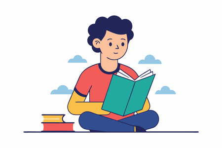 Young man sitting on the floor and reading a book. Flat vector illustration.のイラスト素材