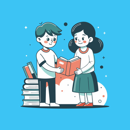 Boy and girl reading books. Vector illustration in flat cartoon style.のイラスト素材