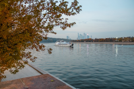 The evening Moskva River overlooking the Moscow City and the shipの写真素材