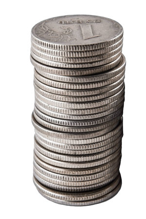 stack of old coins on white background