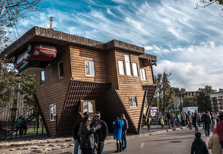 Moscow, Russia - October 5, 2015: All-Russia Exhibition Centre VDNH (VVC), Moscow, Russia. Attraction the turned house.のeditorial素材