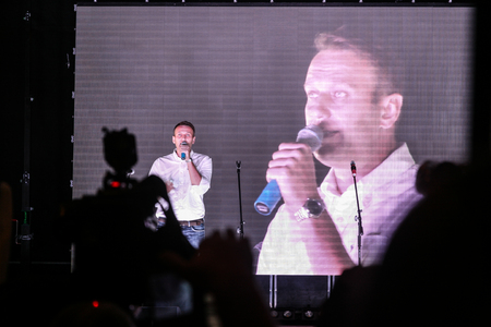 Moscow, Russia - September 20, 2015: Meeting of protesting against dishonest elections and for removability of the power in Russia. The leader of the Russian opposition Alexei Navalny on a scene.のeditorial素材