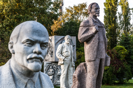 Moscow, Russia - September 25, 2015:  City artistic park Muzeon. Three different monuments to Lenin brought from different places.のeditorial素材