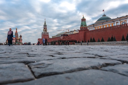 Moscow, Russia - October 14, 2015: Moscow Kremlin and Red Square. Lenin Mausoleum and St. Basil's Cathedral. A look from earth level.のeditorial素材