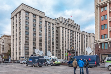 Moscow, Russia - October 14, 2015: Entrance to the State Duma of Federal Assembly of Russia (parliament). Look through Okhotny ryad Street.のeditorial素材