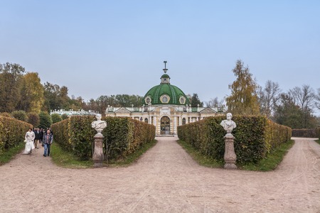 Moscow, Russia - October 17, 2015: Country estate of the count Pyotr Sheremetev in Kuskovo. Lodge Grotto, 1755-1761 of construction. Park sculpture at the Grotto.のeditorial素材