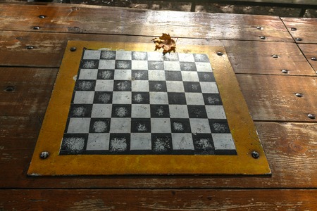 Moscow, Russia - October 16, 2015: Territory of city park of Vorontsovo. An arbor for elderly people with a chessboard.のeditorial素材