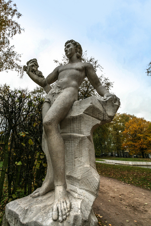 Moscow, Russia - October 17, 2015: Country estate of the count Pyotr Sheremetev in Kuskovo. Park sculpture of God of winemaking Bakhus.のeditorial素材