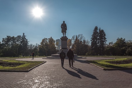 Moscow, Russia - October 16, 2015: The territory of the Moscow State University, MGU, on Vorobyovy Gory. The monument to the Russian scientist Mikhail Lomonosov, whose name are born by university.のeditorial素材