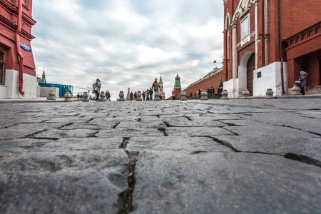 Moscow, Russia - October 14, 2015: Moscow Kremlin and Red Square. Spasskaya Tower and Kremlin wall. A look from earth level.のeditorial素材