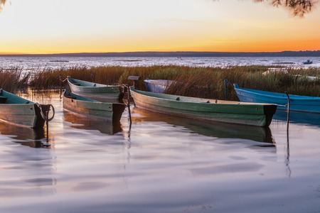 Seven fishing boats on the evening coast meet a summer declineの写真素材