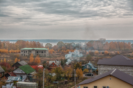 autumn landscape with smokeの写真素材