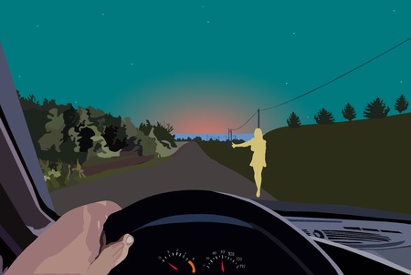 The girl on the night road asks to give a ride to her to the sea of the unfamiliar lonely driverのイラスト素材