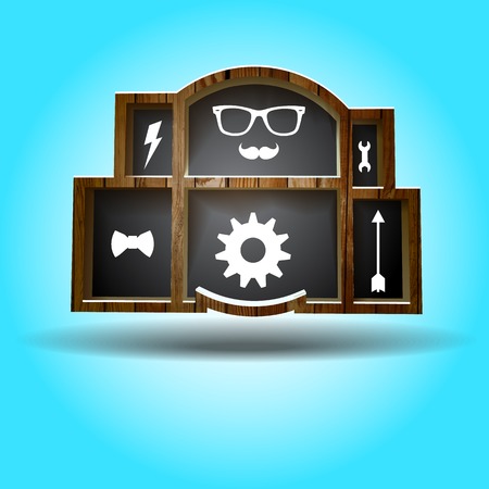 Wooden shelf with hipster set objects. Vector illustrationのイラスト素材