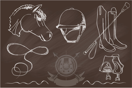 Vector set of icons and symbols for sports games polo. Silhouettes of horses and equipment player - stock vector.のイラスト素材