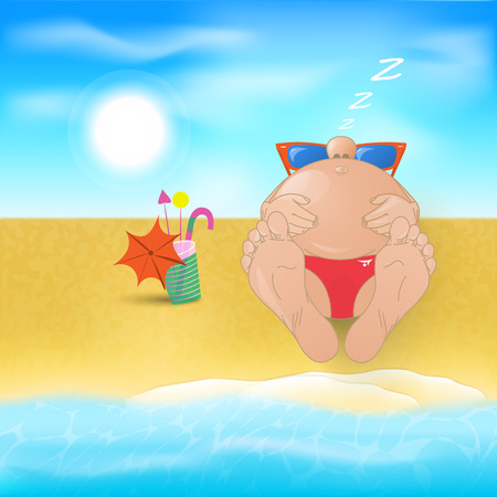 Tropical paradise with cartoon man. Vector illustration.のイラスト素材