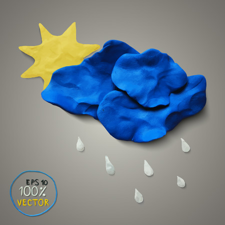 Plasticine sun, cloud, rain on gray background. Modern design. Vector illustrationのイラスト素材