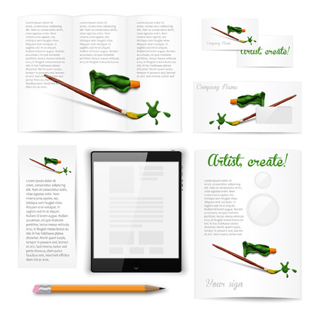 Classic white stationery template of brochure, booklet, flyer with brush and paint tube. Documentation for business. Vector illustration.のイラスト素材