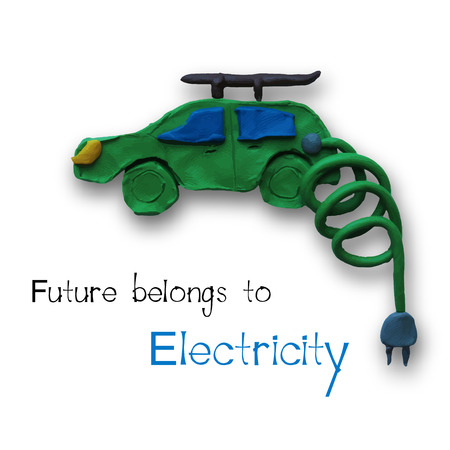 Electric car in green color. Vector illustration. Plasticine modeling.のイラスト素材