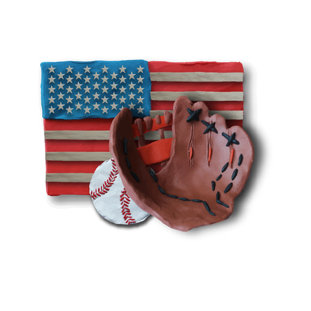 Baseball handmade glove and ball with US flag on background. Vector illustration. Plasticine...