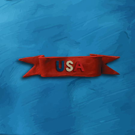 Red plasticine ribbon on light blue background with text USA for 4 July American Independence Day and other events. Vector illustration. Plasticine modeling.のイラスト素材