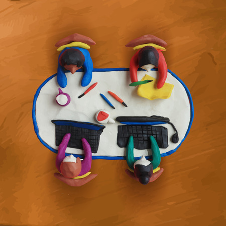 Plasticine modeling. Office workers business management meeting and brainstorming on the table in...