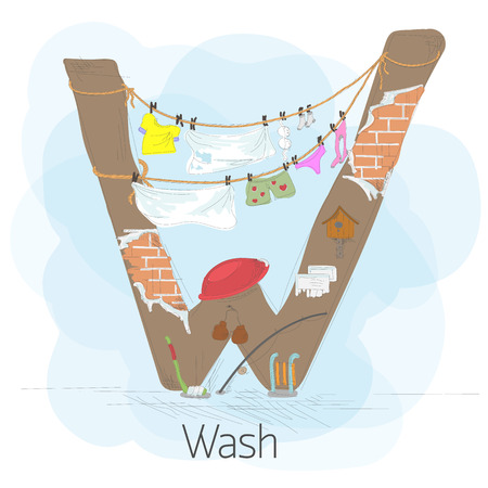 Alphabetical stylized letter W with clotheslines. The figure shows how to dry clothes in the backyard. There is also a bowl, sled, boxing gloves, stick, birdhouse. Hand drawn vector illustration.のイラスト素材