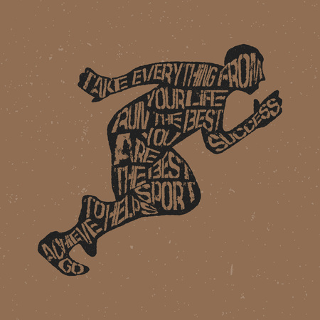 Typography monochrome vintage poster with runner silhouette, and hand drawn style fonts. Vector Illustration lettering.のイラスト素材