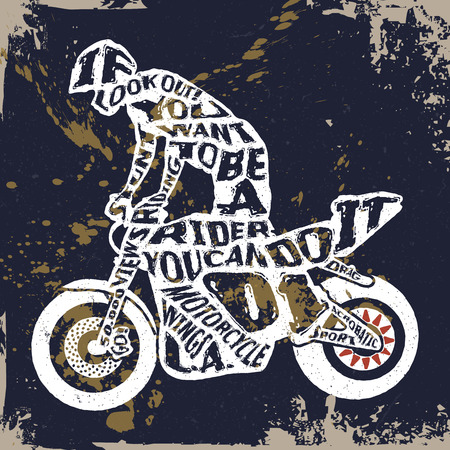 Typography monochrome vintage poster with motorcyclist silhouette, and hand drawn style font. Vector Illustration lettering.のイラスト素材