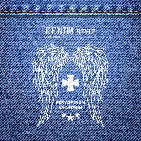 Denim, blue jeans texture with label in vintage design with wings. Vector illustration.のイラスト素材
