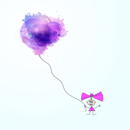 Hand drawn vector illustration of happy girl with watercolor abstract  balloons. Happiness conceptのイラスト素材