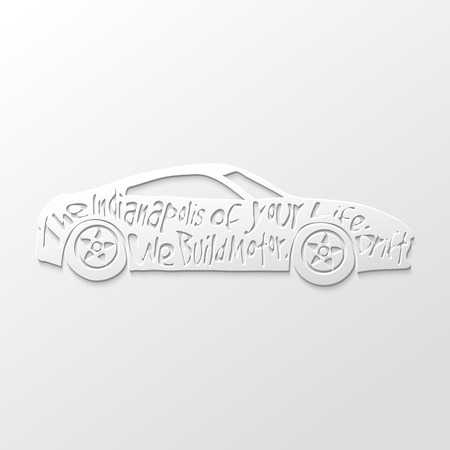 Flat monochrome poster with a car silhouette, and hand drawn style font. Paper 3d style vector Illustration.のイラスト素材
