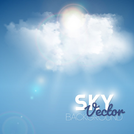 Realistic blue fluffy cloud with sun background. Vector illustration.のイラスト素材