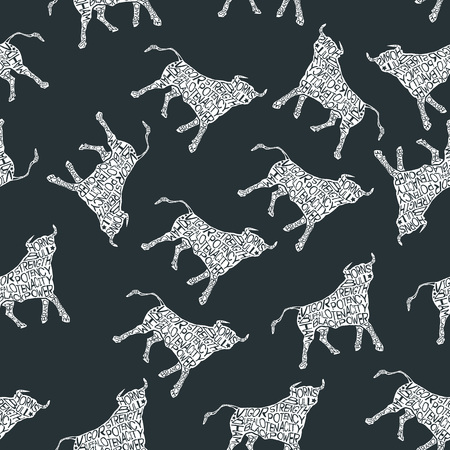 Typography monochrome vintage seamless pattern with bull silhouette, and hand drawn style font. Vector Illustration lettering background.のイラスト素材