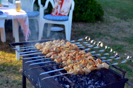 Barbecue in the country. The national dish of Eastern cuisine - barbecue. It has become a traditional dish for Sunday picnics throughout Russia.の写真素材