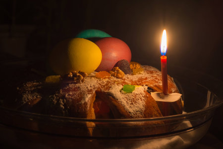 Easter cake, painted eggs and candle