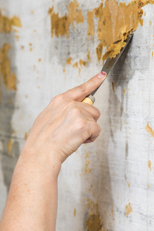 Renovation and construction - female hand with a spatula protects the wall before paintingの写真素材