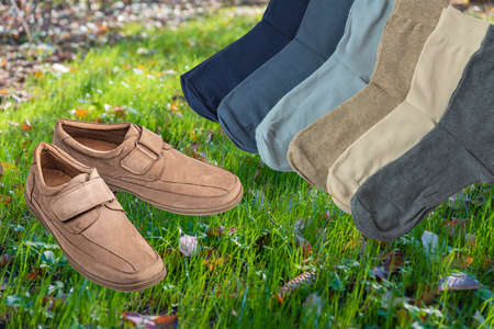Beige men's slippers and multicolored socks. Choosing clothes and shoes according to the weatherの写真素材