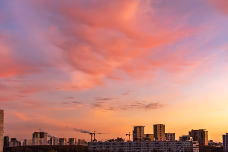 Russia, Moscow, Molodezhnaya metro area. Dawn. Sunsetのeditorial素材
