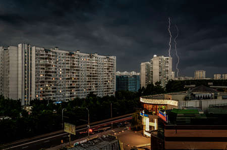 Russia, Moscow, st. Autumn Boulevard, shopping center "Krylatsky", Lightning, before a thunderstorm strikes a lightning rodのeditorial素材